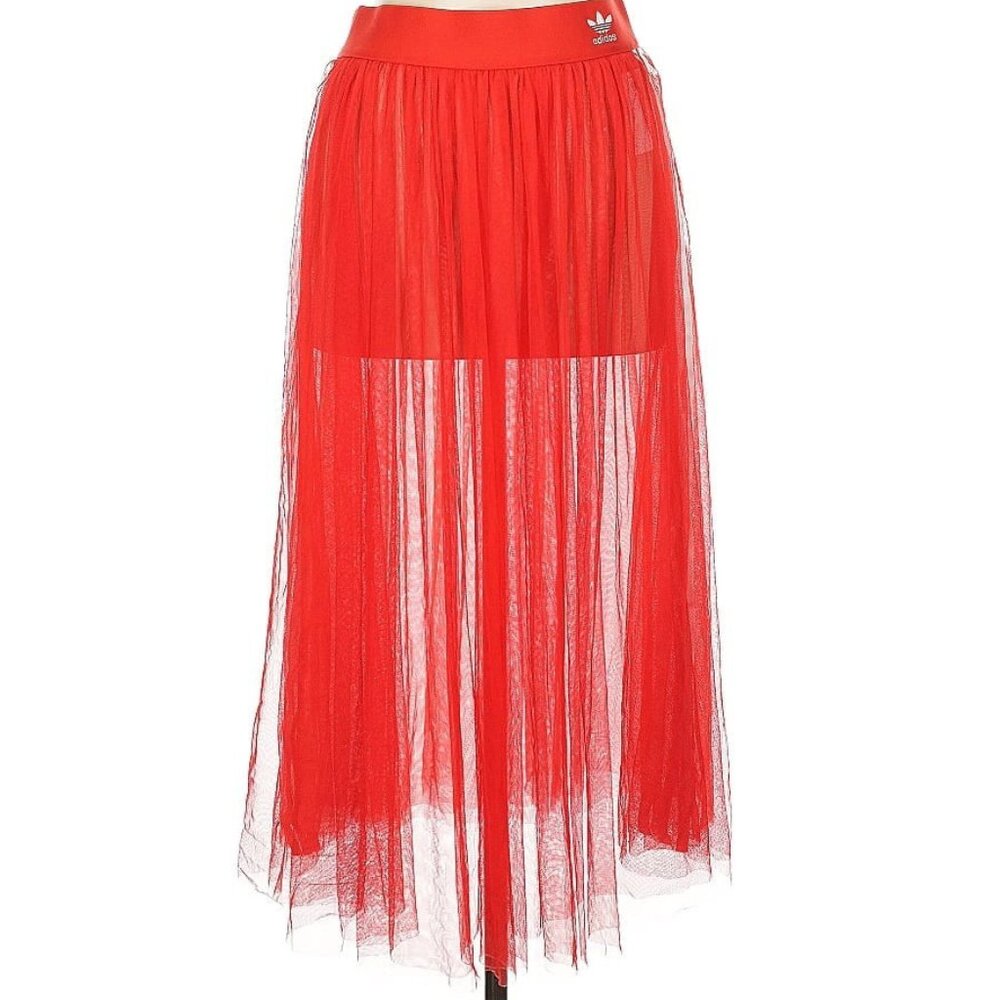 💥HOT ITEM!💥ADIDAS Edgy Chic Pleated Tulle Midi Skirt in Bright Red - Picture 10 of 14